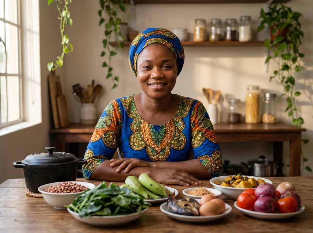 A Nigerian woman smiling at her kitchen table, with beans, ugu, plantain, dried fish, eggs, tomatoes and a bowl of vegetable stew in front of her